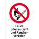 Verbotszeichen mit Text und Piktogramm: Kombischild Feuer, offenes Licht, Rauchen verboten